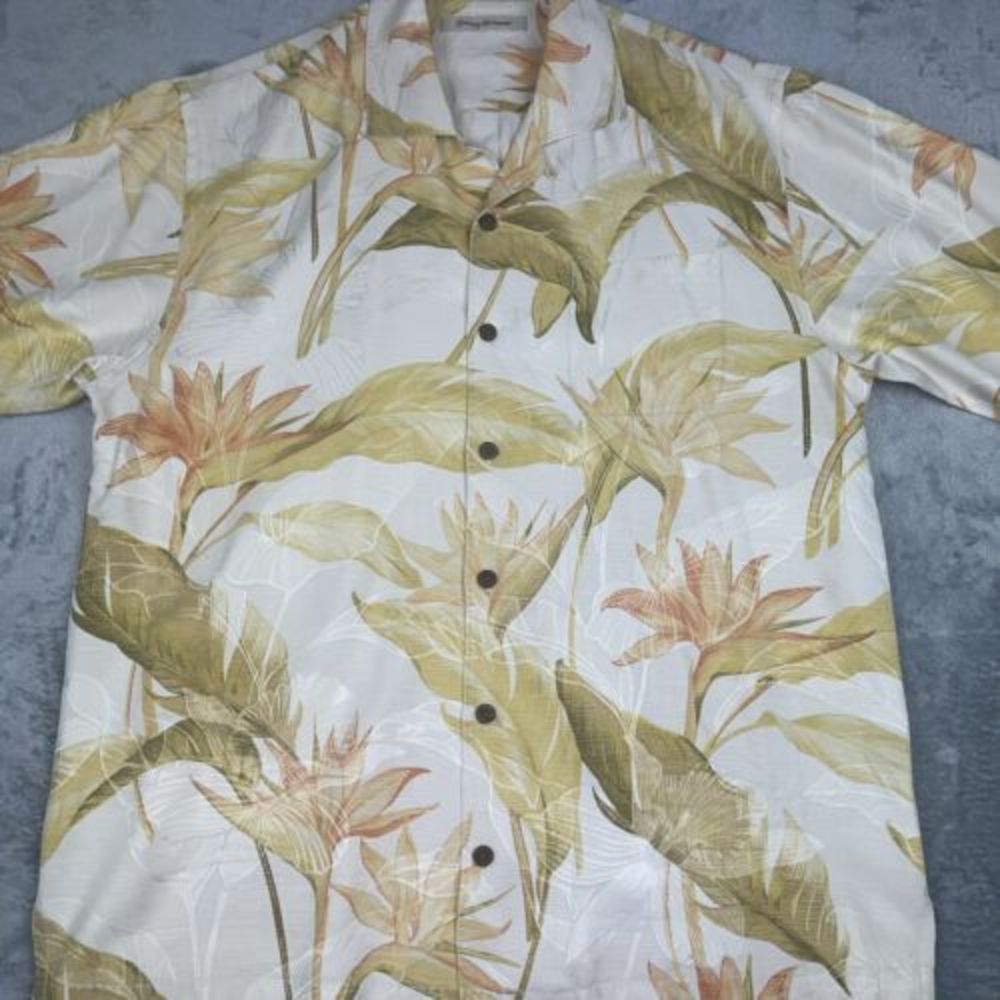 VTG Tommy Bahama Hawaiian Silk Shirt Men‎ Large Yellow Floral Button UP Camp EUC - Picture 3 of 8